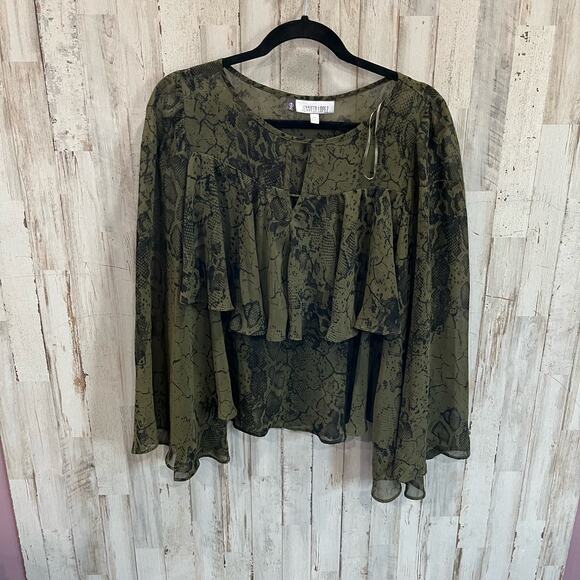 Jennifer Lopez Ruffle Sheer Green Snakeskin Print Chiffon Top - Picture 2 of 7